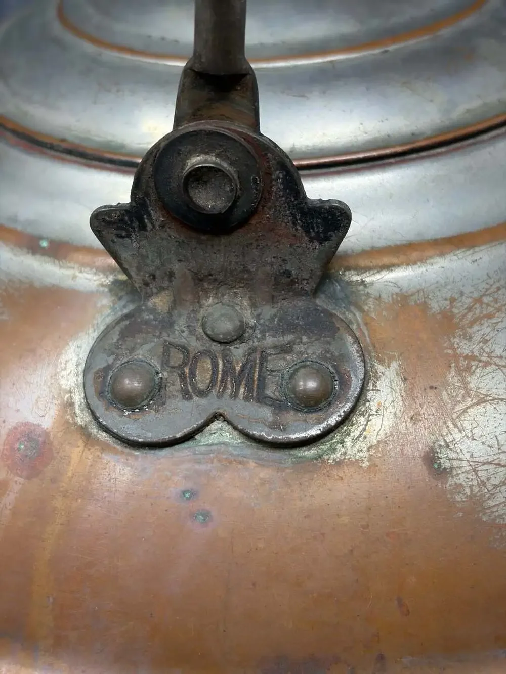 Antique Rome Copper and Nickel Plated Tea Kettle with Green Knob and Wood Handle